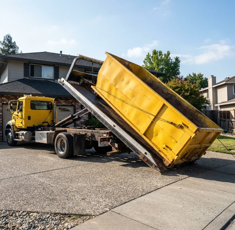 Low-angle heroic shot of a clean, heavy-duty safety-yellow steel roll-off dumpster being unloaded from a flatbed truck on a residential driveway, bright morning daylight, high contrast desaturated tones, sharp industrial photography