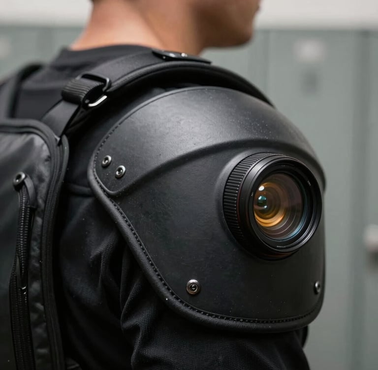 Extreme close-up of a rugged matte-black shoulder pad arch, showing a flush-integrated camera lens glowing with a faint amber ring under harsh locker room neon.