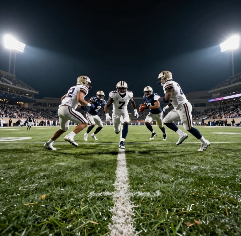 Wide-angle first-person POV from the turf level, oncoming defensive linemen rushing through the A-gap under harsh stadium floodlights, high contrast, motion blur on edges.