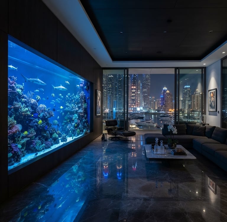 Wide environmental interior photograph of a massive custom-built luxury aquarium integrated into a minimalist Dubai Marina penthouse wall, sharp architectural lines, dramatic blue water lighting, marble floors, 35mm.