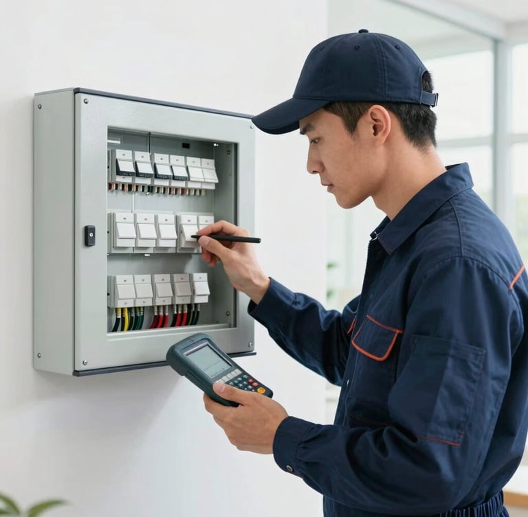 A clean-cut local electrician in a neat navy uniform examining a modern residential switchboard with diagnostic tools under bright daylight.