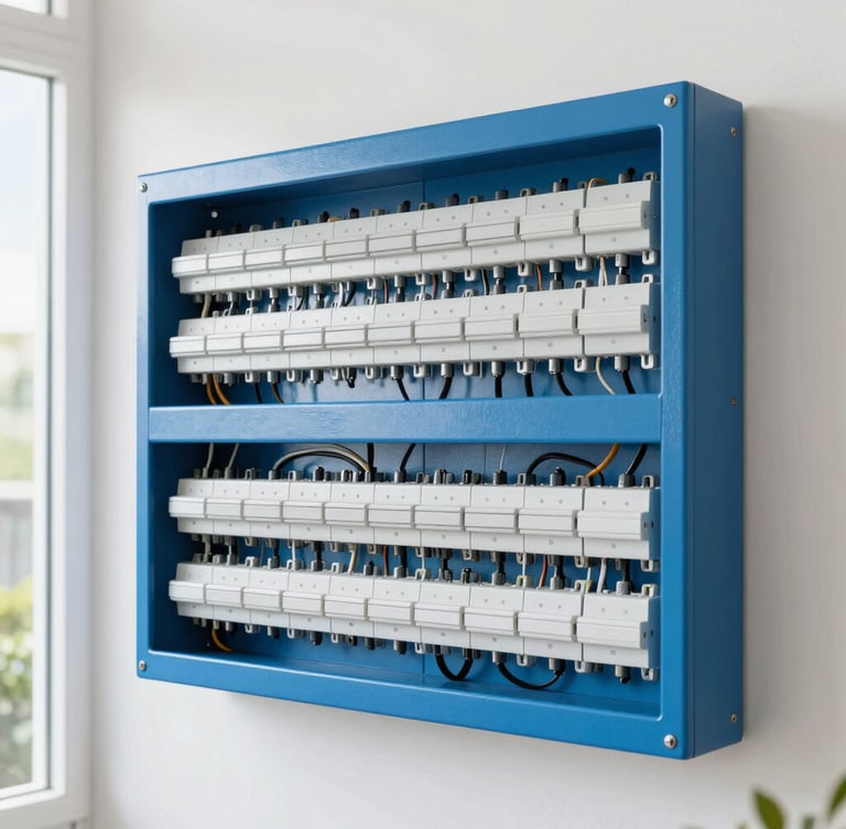 Wide shot of a neat, newly installed modern electrical switchboard with clean wiring in a bright Caringbah home, crisp commercial photography.
