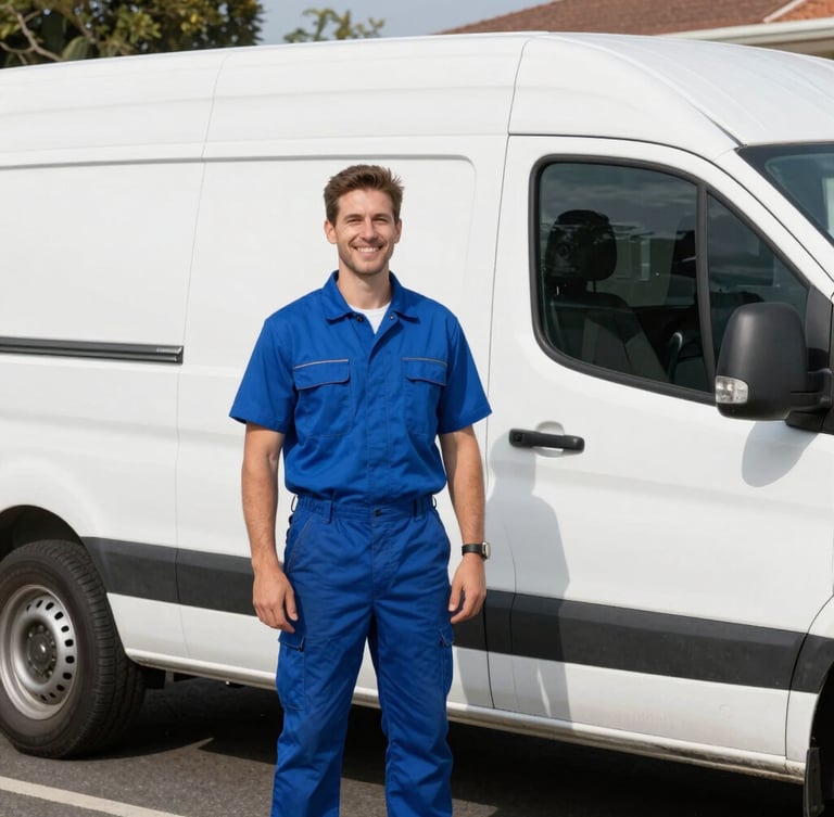 A professional electrician smiling warmly next to a clean white service van parked in a sunny Caringbah suburban street.