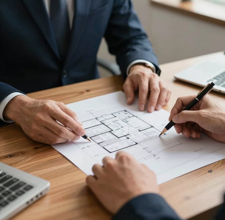 Close-up of professional hands reviewing blue architectural technical drawings on a warm wooden table, soft natural office light, corporate editorial, sharp focus