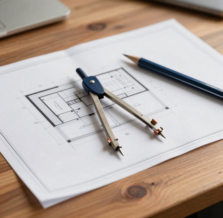 Close-up of architectural blueprints on a wooden table with a compass and mechanical pencil, warm natural office light, professional 35mm photography