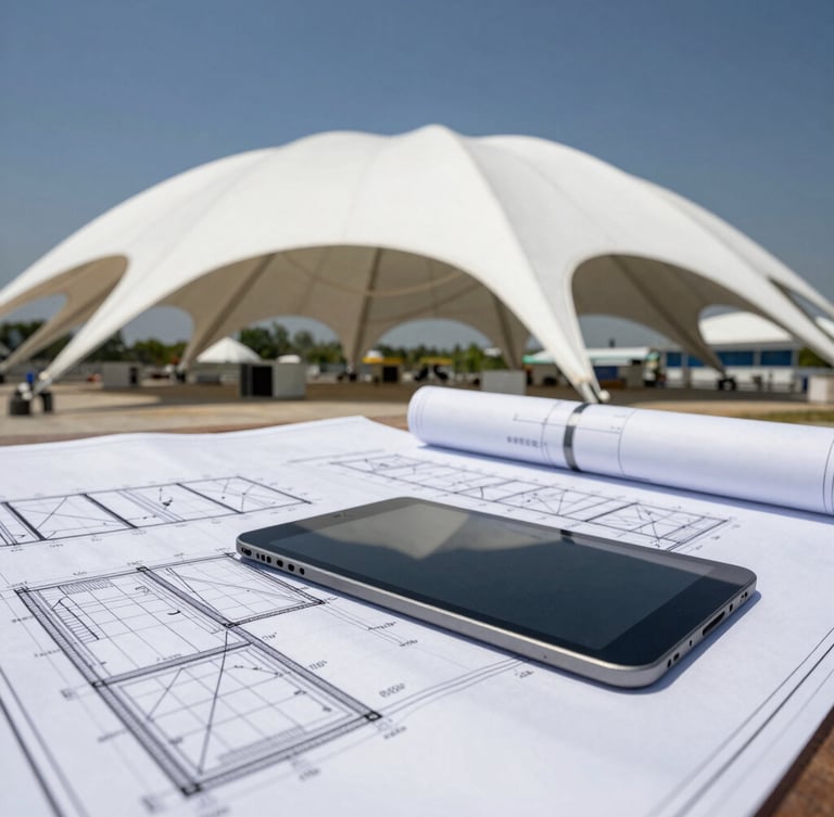 Engineer reviewing detailed structural blueprints on a tablet, with a large tensile membrane structure in the background, bright natural daylight, sharp macro shot of the blueprint details, crisp structural connections.