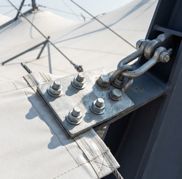 Close-up of a tensioning plate connecting a PVDF membrane to a steel structure, sharp focus on the bolts and material texture, bright natural daylight, crisp shadows, architectural photography style.