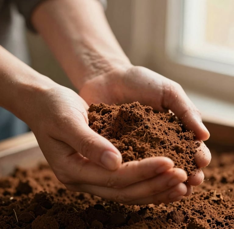 Close-up of hands gently holding rich terracotta soil, soft golden light filtering from the side, focus on texture