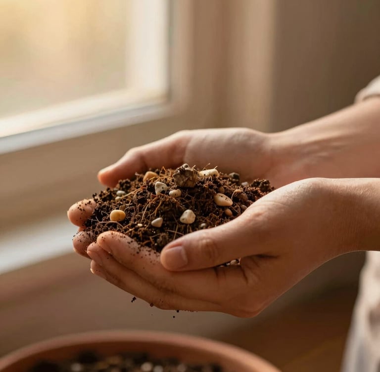 Close-up of hands holding rich soil mixed with small pebbles, soft warm golden-hour light streaming through a window, earthy terracotta tones, shallow depth of field