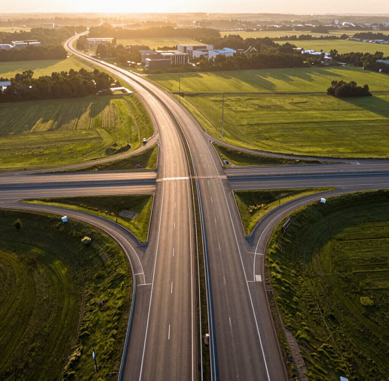 Wide aerial view of a modern highway intersection at golden hour, clean asphalt roads cutting through planned green fields, warm sunlight glinting off the lanes