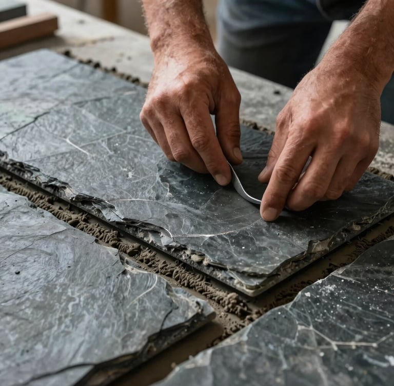 Architectural close-up of a master tiler's hands placing a large-format slate tile on a perfectly leveled mortar bed, dramatic side lighting highlighting the texture of the stone and the thin, precise joint line, premium dark atmosphere.