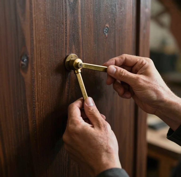 Vertical portrait of a craftsman's hands holding a brass measuring tool against a dark wood panel, soft dramatic side lighting.
