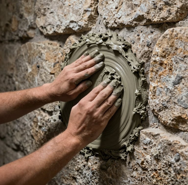 Hands of an artisan carefully applying mortar to a stone wall, dramatic side lighting emphasizing the texture of the stone and cement, architectural tight crop