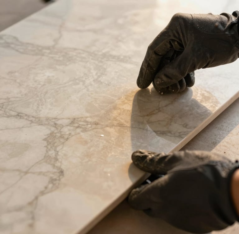 Close-up of hands in dark work gloves carefully aligning a premium marble tile, dramatic golden side lighting, highly textured surface.