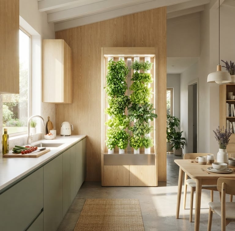 Wide environmental shot of a sun-drenched modern kitchen, sleek vertical hydroponic garden growing lush greens on a light oak wall, soft natural daylight, 35mm lens