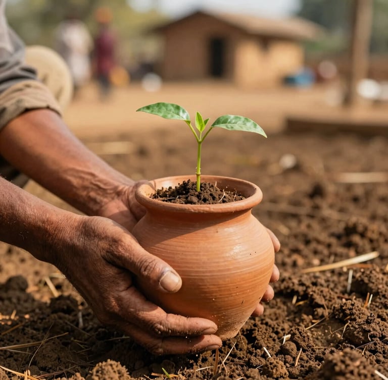 Close-up of hands holding a traditional clay pot with a small green sapling, warm sunlight, rich soil, local Indian village setting, authentic documentary style.