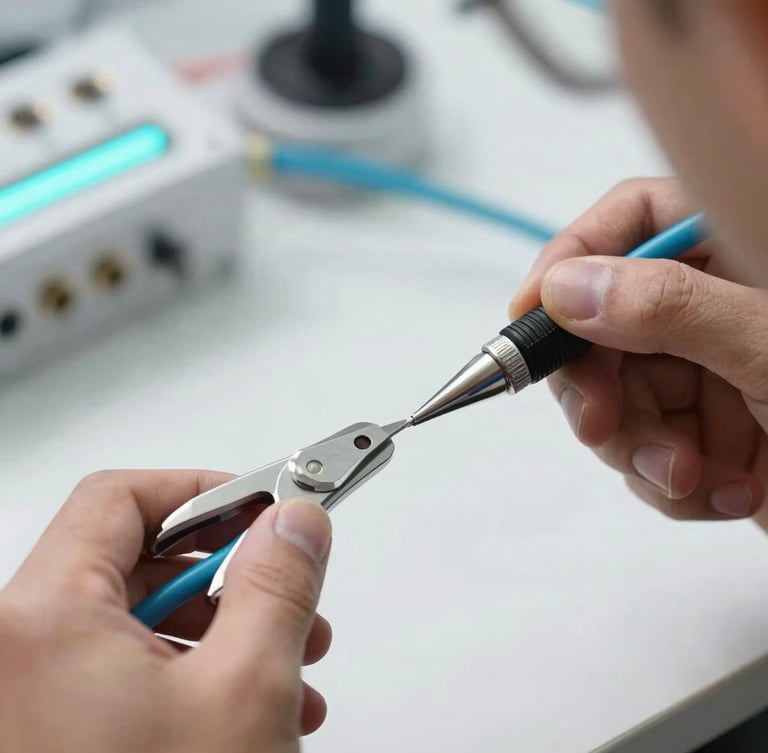 Close-up of a professional technician splicing fiber optic cables with high-precision tools under bright daylight, subtle cyan ambient glow, shallow depth of field, sharp details
