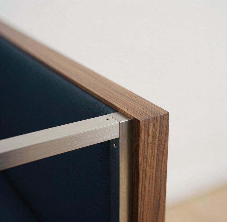 Macro photograph of master-level joinery, hand-rubbed walnut wood meeting brushed steel with millimeter-perfect tolerances, soft side lighting.