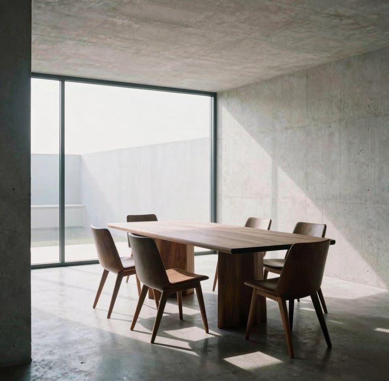 Wide environmental shot of a modern concrete interior with a large window, a sculptural walnut dining table and chairs casting long shadows on the polished floor.