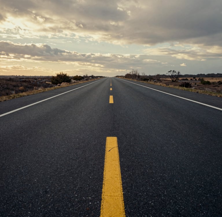 Cinematic perspective shot of an empty asphalt highway stretching into the horizon at golden hour, moody overcast daylight, desaturated asphalt tones with sharp yellow road markings, 35mm lens.