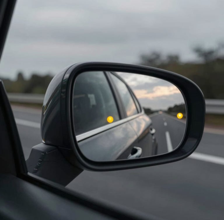 Cinematic shot of a modern car side mirror reflecting a blurred highway at dusk, desaturated metallic tones with sharp yellow hazard lights, 35mm lens.