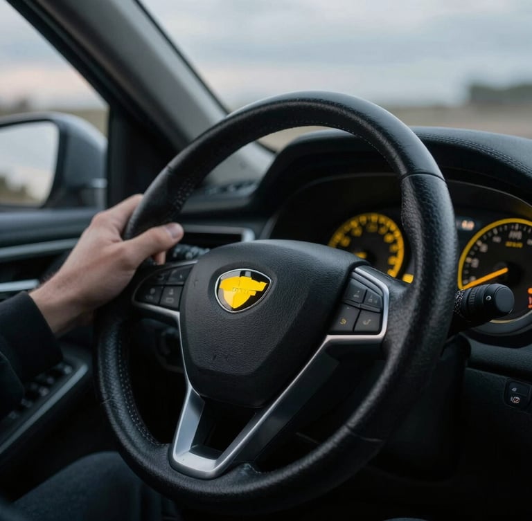 Cinematic close-up of a driver's hand resting firmly on a leather steering wheel, soft twilight reflecting on the dashboard, desaturated tones with sharp yellow dashboard light accents, 35mm lens.
