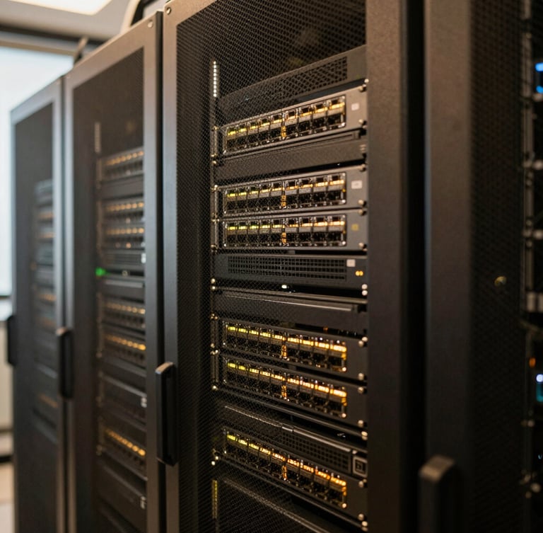 Medium close-up of high-end server racks and glowing network interfaces in a clean, Tongan corporate server room, warm lighting, shallow depth of field, 35mm.