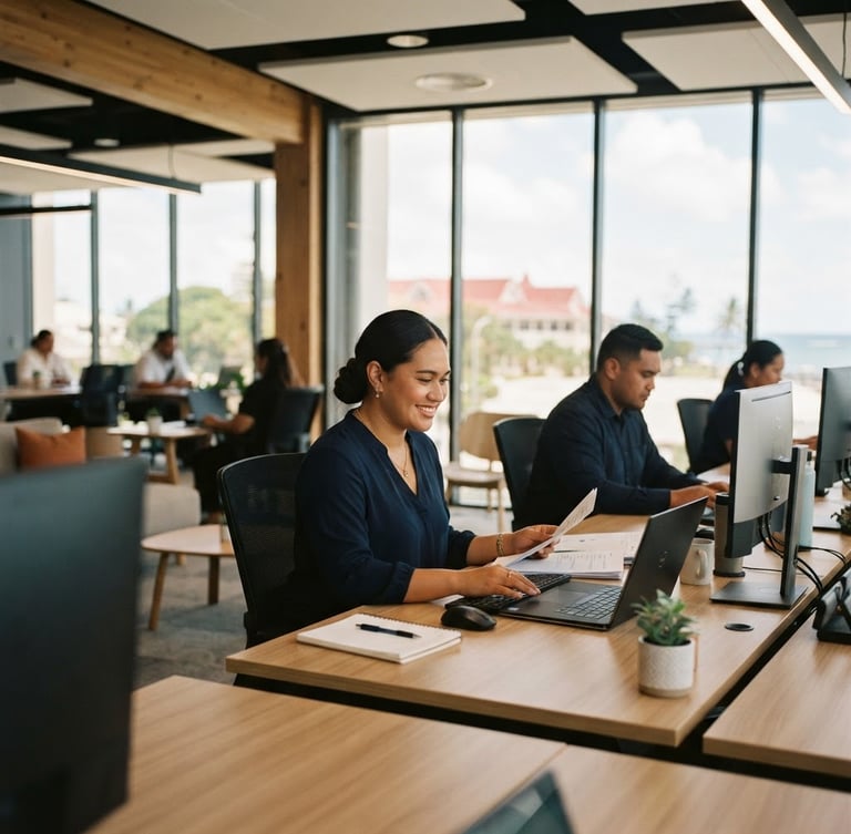 A bright, modern architectural workspace in Nuku'alofa with warm natural light filtering through large windows, professional agents working diligently at clean desks, 35mm photography with shallow depth of field
