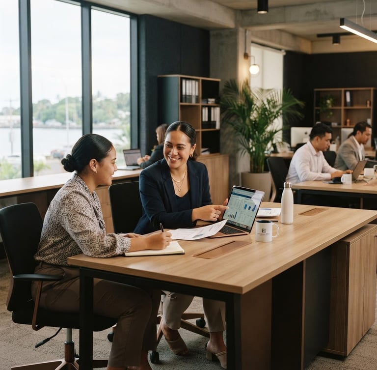 Warm corporate workspace in Nuku'alofa, professional agents collaborating at modern wood desks, soft natural window light, deep charcoal accents, 35mm photography