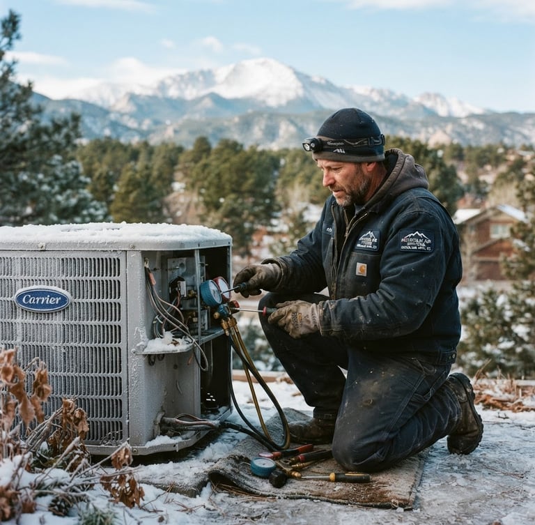 Rugged Woodland Park HVAC technician in branded gear, actively working on an outdoor unit dusted with snow, Pikes Peak visible in the background under crisp mountain daylight, 35mm