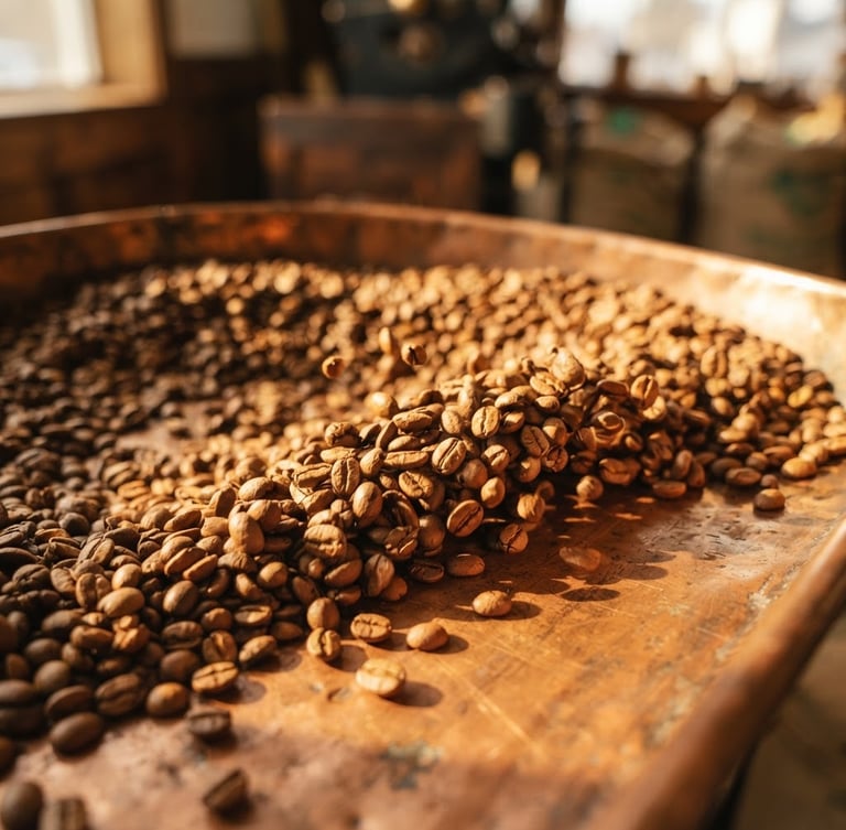 Close-up macro shot of golden coffee beans tumbling in a warm copper cooling tray, soft low-angle morning sun, shallow depth of field.
