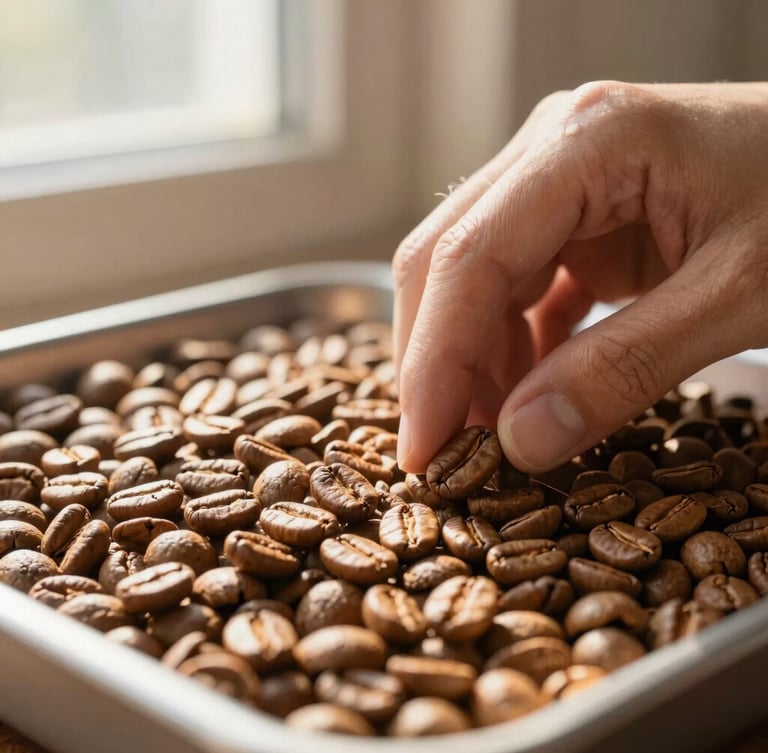 Hands cooling freshly roasted golden-brown coffee beans in a small-batch cooling tray, warm low-angle morning sun, tactile textures.