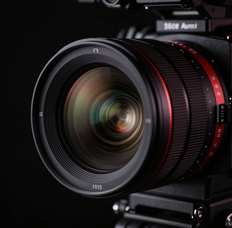 Cinematic editorial close-up of a high-end cinema camera lens, sharp focus, dramatic studio lighting with subtle crimson highlights, deep black background