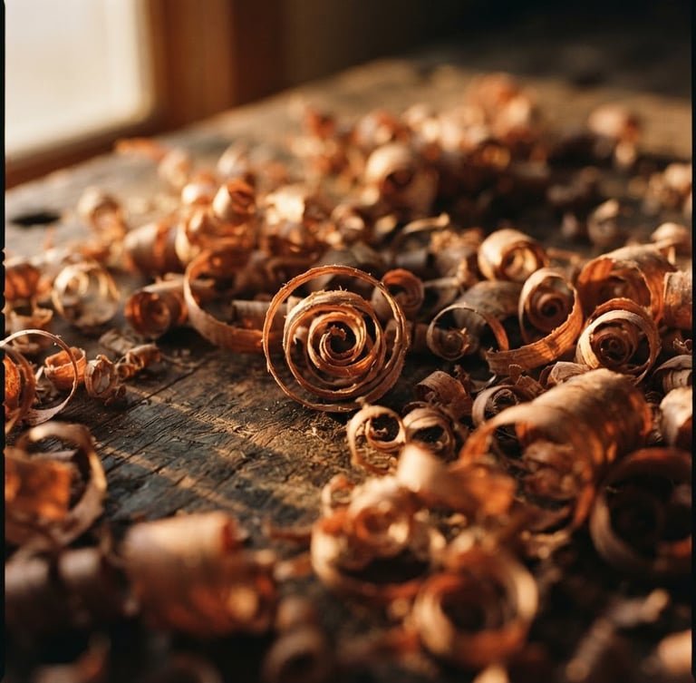 Macro close-up of wood shavings on a dark oak workbench, low-angled warm golden-hour window light casting deep shadows, warm tactile photography, earthy terracotta tones, 35mm film.