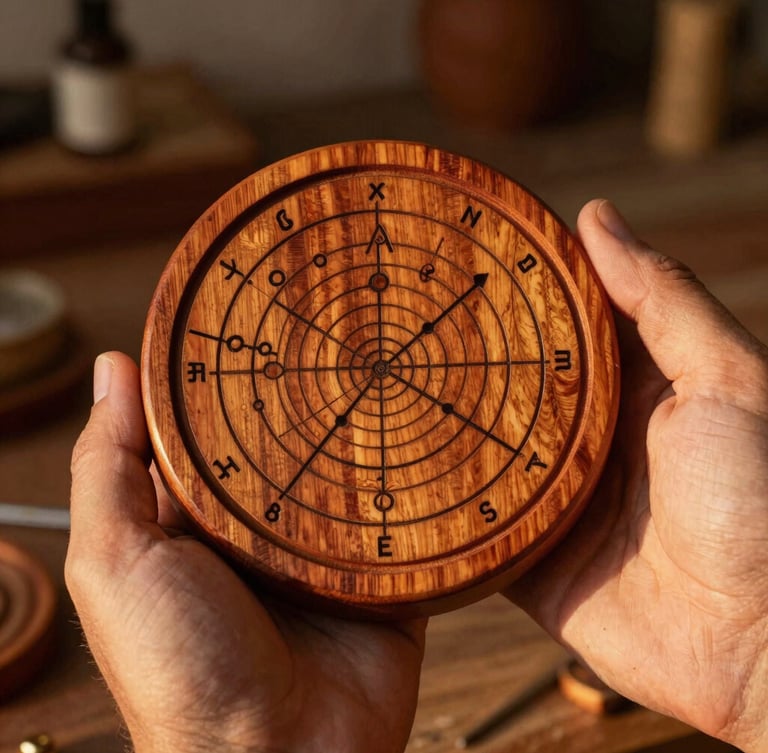 A close-up portrait of hands holding a finished hand-carved wooden birth chart, showing the intricate celestial lines and rich cherry wood texture, warm golden-hour light, rustic studio background.