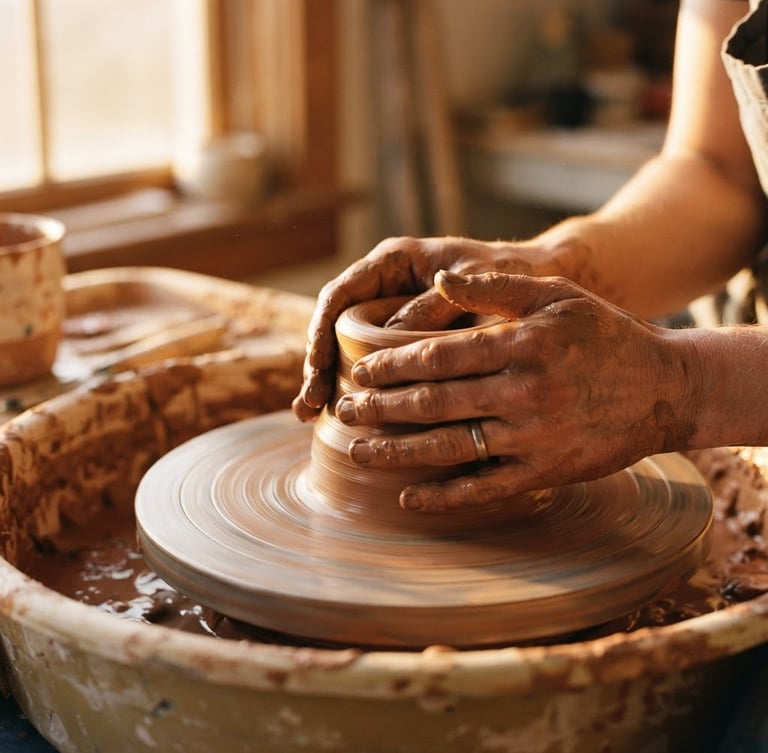 Hands throwing raw brown clay on a potter's wheel, low-angled warm golden-hour window light, terracotta tones, macro depth of field, 35mm film