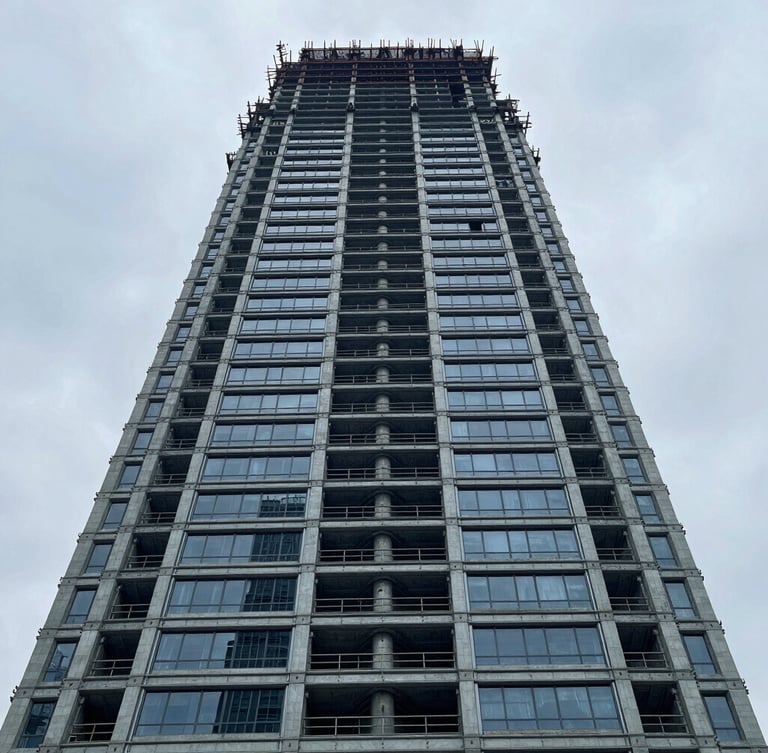 Low-angle heroic shot of modern architectural steel and concrete skyscraper under construction, cool overcast daylight, desaturated slate blue tones, sharp focus, 35mm lens