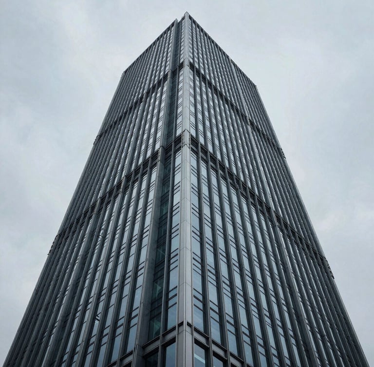 Low-angle heroic shot of a modern skyscraper's steel and glass facade under a cool, overcast sky, sharp architectural angles, desaturated blue and slate tones, editorial architectural photography, 35mm lens, sharp focus.