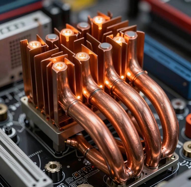 Extreme macro shot of high-performance copper heat pipes on a modern motherboard, glowing with warm orange ambient light from nearby LEDs, shallow depth of field, industrial workshop vibe.