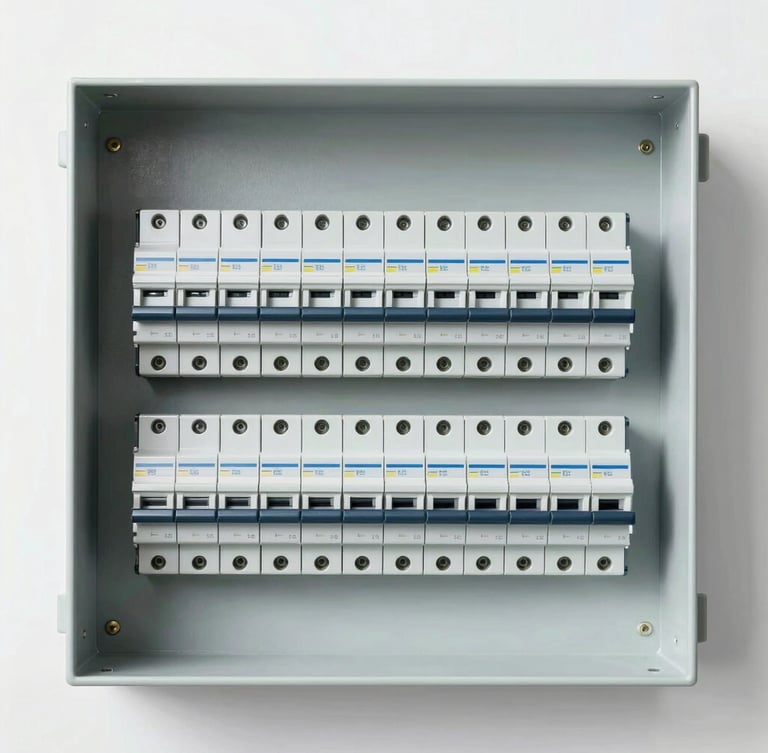 Straight-on medium shot of a clean, modern electrical DB box with neatly organized switches and labeled breakers, bright utility lighting, crisp details, no humans.
