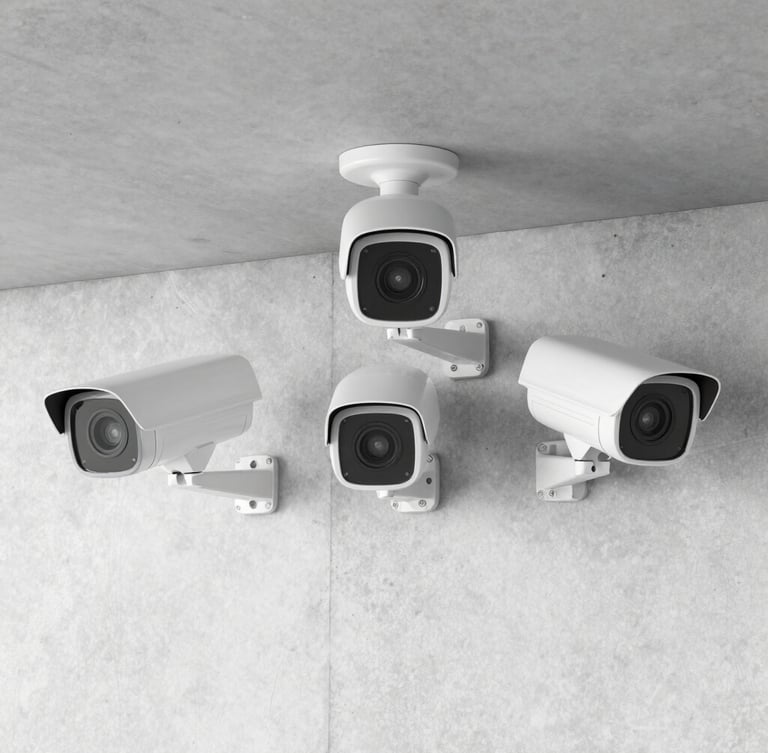 Straight-on medium shot of modern HD security cameras neatly mounted on a clean concrete wall, bright utility lighting, no humans, ultra-sharp details