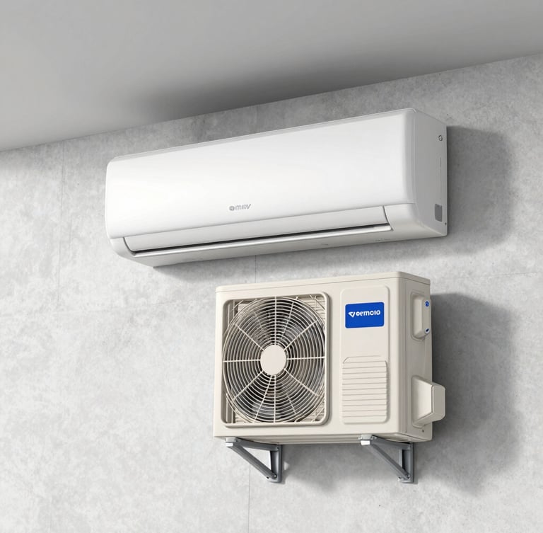 A clean, modern indoor wall-mounted air-conditioning unit paired with its outdoor compressor unit, installed neatly against a clean concrete wall. Crisp details, bright utility lighting, straight-on medium shot, showing professional installation, no people.
