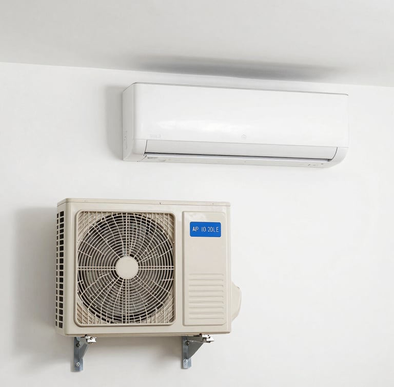 A clean indoor wall air-conditioning unit paired with an outdoor compressor unit, neatly installed on a clean white wall, bright realistic utility lighting, straight-on medium shot, no people.
