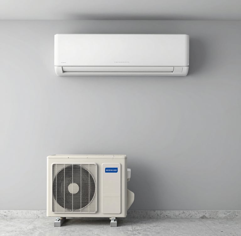 Straight-on commercial photography of a modern white indoor wall AC unit mounted neatly on a clean grey wall, paired with its matching outdoor compressor unit sitting on a concrete ledge, bright clean utility lighting, realistic colors, no people.