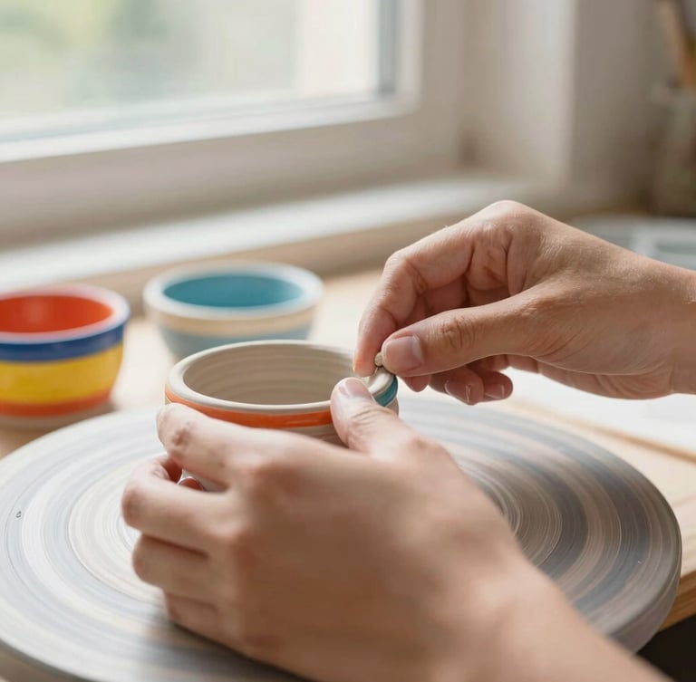 Close-up of hands working together on a colorful ceramic craft, warm natural window light, vibrant tones, tactile and hopeful, 35mm lens.
