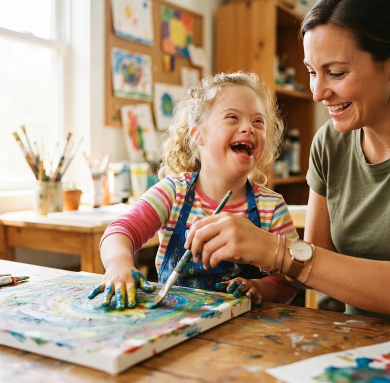 Warm editorial photography of a child with a disability laughing while painting with a therapist, bright natural daylight, close-up shot focusing on hands and expressions, 35mm lens
