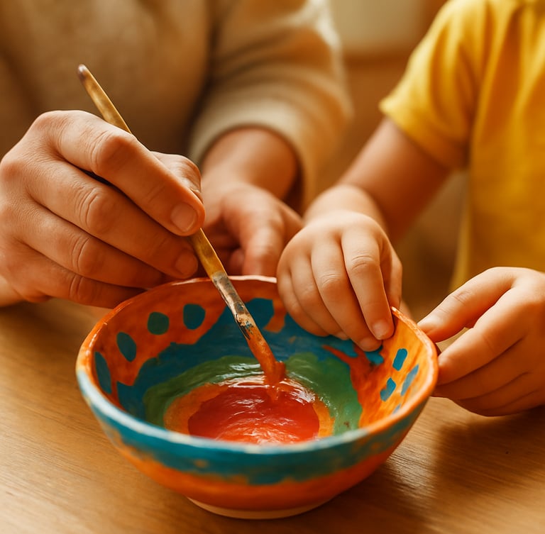 Hands of an educator and a young participant working together on a colorful ceramic craft, warm natural window light, macro shot focusing on the collaborative action, 35mm lens