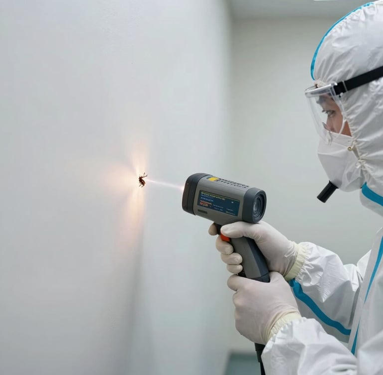 Macro photograph of a professional technician in full white biohazard PPE, using a precise thermal imaging device to detect pests inside a wall crevice, clinical lighting.