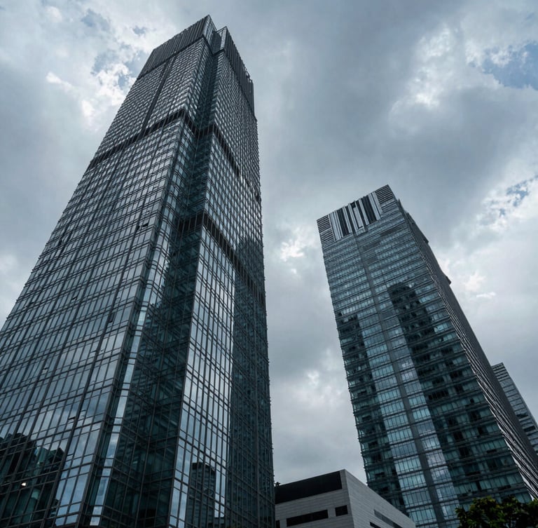 Low perspective wide-angle shot of high-end corporate glass towers in Jakarta under cool-toned dramatic overcast sky, sharp architectural lines.