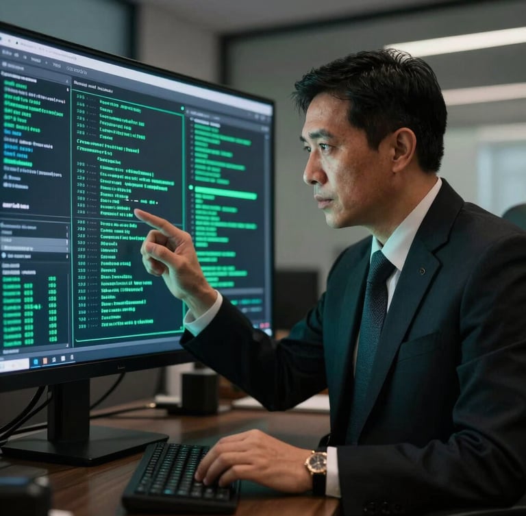 Editorial portrait of a legal expert reviewing digital regulatory flows on a high-end screen in a dark Jakarta office, sharp contrast, emerald green status lights reflecting subtly, professional focus.